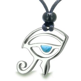 Amulet Eye of Horus All Seeing Egyptian Power of Life Man Made Turquoise Gem Positive Magic Energy Pendant on Adjustable Cord Necklace: Jewelry