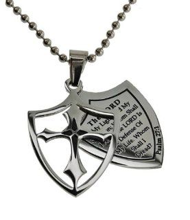 Christian Mens Stainless Steel Abstinence 2 Piece Shield "The Lord Is My Light and My Salvation. Whom Shall I Fear? The Lord Is the Defense of My Life. Whom Shall I Dread?" Psalm 27:1 Purity Necklace on a 24" Ball Chain for Boys   Guys Purit