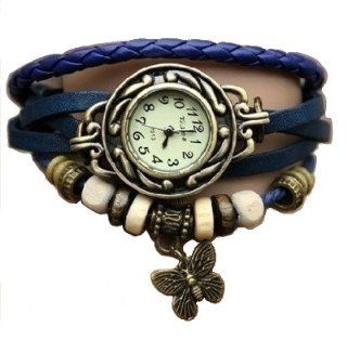 Skatch Blau Schmetterling Armbanduhren Leder Armband Uhren   WICKELN herum   Quarz Art Vintage Retro  Damenuhr: Uhren