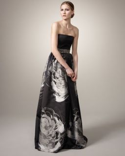 Carmen Marc Valvo Strapless Floral Print Gown