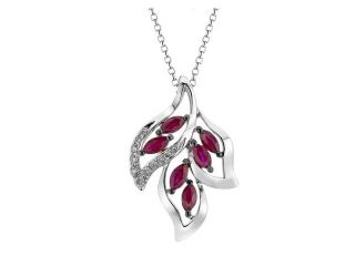 14k White Gold 0.69ct Falling Leaves in a Diamond & Marquise Synthetic Ruby Necklace