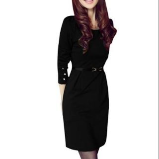 Allegra K Women's Long Sleeve Belted Career Dress Black (Size S / 4)