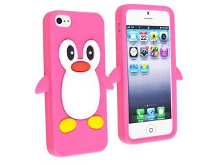 Insten Hot Pink Penguin Silicone Skin Cover Case + AC + Car Charger Compatible With Apple iPhone 5 5th 5G