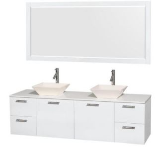Wyndham Collection Amare 72 in. Double Vanity in Glossy White with Solid Surface Vanity Top in White, Porcelain Sinks and 70 in. Mirror WCR410072DGWWSD2BM70