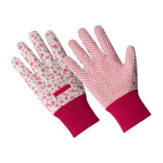 HANDS ON Ladies Small/Medium Pink Flower Poly/Cotton Blend Glove with PVC Dotted Palm and Knit Wrist CT7610 S/M