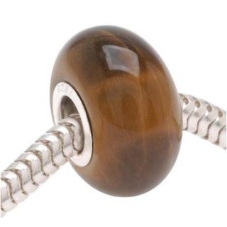 Gemstone Tiger Eye and Sterling Silver Short Round Bead   European Style Large Hole   14mm