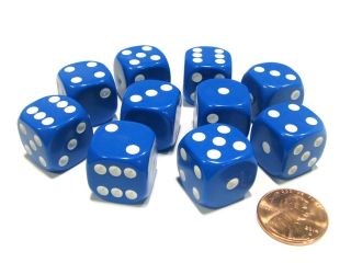 Set of 10 Six Sided Round Corner Opaque 16mm D6 Dice   Blue with White Pips