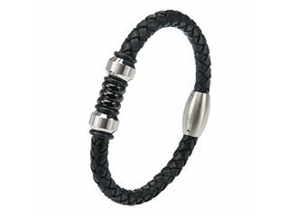 Men's Braided Leather w/ O rings in Between Two Steel Matte Finished Beads and Magnetic Clasp Bracelet
