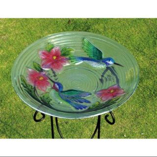 Multicolored Hummingbird and Flower Outdoor Glass Garden Bird Bath 18"