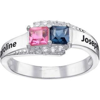 Personalized Sterling Silver Couple's Square Birthstone and CZ Highlight Ring