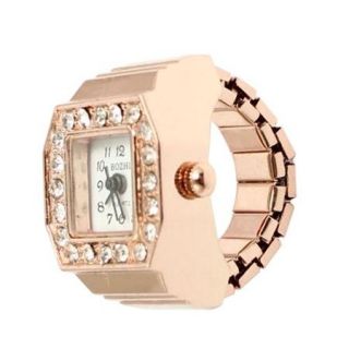 Lady Metal Stretchy Band Arabic Number Round Dial Finger Ring Watch Copper Tone