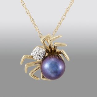 Gray Cultured Pearl and Diamond Accent Spider Pendant. 10K Yellow Gold