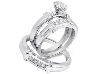 10K White Gold Diamond Trio 3 Ring His & Hers Set   Flower Shape Center Setting w/ Channel Set Round Diamonds   (1/4 cttw, G H, SI2)   SEE "OVERVIEW" TO CHOOSE BOTH SIZES