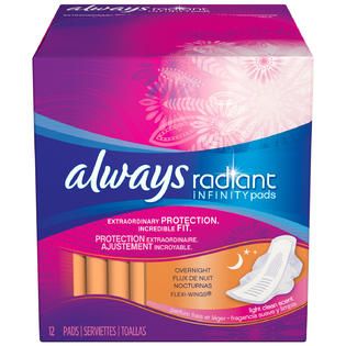 Always Radiant Infinity Overnight with Wings Scented Pads 12 CT CARTON