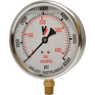 Valley Instrument Grade A 4in. Stem Mount Glycerin Filled Gauge — 0-6000 PSI  Hydraulic Gauges