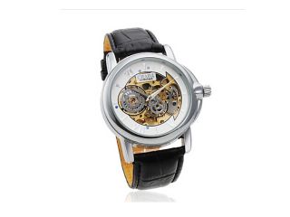 Men's Auto Mechanical Hollow White Dial Black PU Band Wrist Watch
