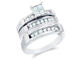 10K White Gold Diamond His & Hers Trio 3 Ring Set   Square Princess Shape Center Setting w/ Pave Channel Set Round Diamonds   (3/5 cttw, G H, SI2)   SEE "OVERVIEW" TO CHOOSE BOTH SIZES