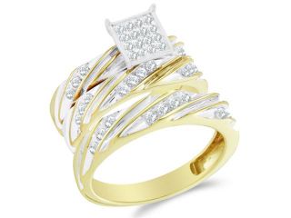 10K Two Tone Gold Diamond His & Hers Trio 3 Ring Set   Square Princess Shape Center Setting w/ Pave Channel Set Round Diamonds   (2/3 cttw, G H, SI2)   SEE "OVERVIEW" TO CHOOSE BOTH SIZES