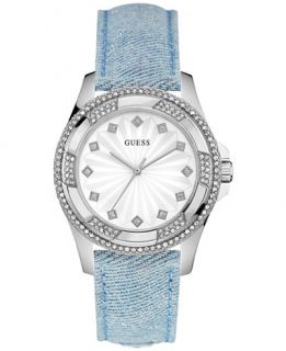 GUESS Womens Sky Blue Sparkle Denim on Leather Strap Watch 39mm