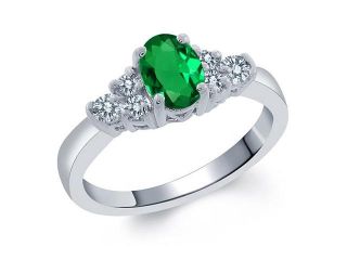 0.60 Ct Oval Green Nano Emerald White Diamond 18K White Gold Ring