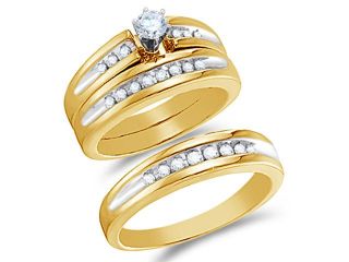10K Two Tone Gold Diamond Trio 3 Ring His & Hers Set   ClassicSolitaire Setting w/ Channel Set Round Diamonds   (1/2 cttw, G H, SI2)   SEE "OVERVIEW" TO CHOOSE BOTH SIZES