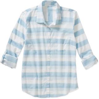 Faded Glory Women's Striped Button Down Shirt with Roll Cuff Sleeves
