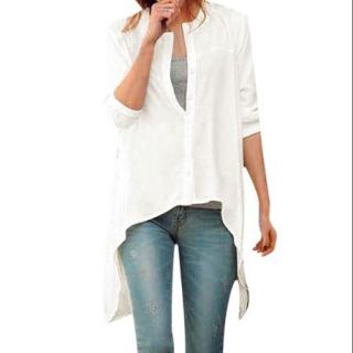 Allegra K Women's Hanky Hem Long Sleeve Button Up Shirt Off White (Size XL / 16)
