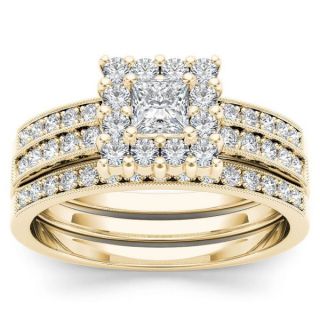 De Couer 14k Yellow Gold 7/8ct TDW Diamond Halo Engagement Ring Set