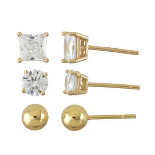 Gold Over Sterling Silver 3 Pair Cubic Zirconia and Ball Stud Earring