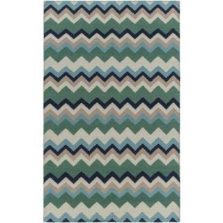3.5' x 5.5' Zany ZigZag Navy Blue, Teal Blue and Taupe Reversible Wool Area Throw Rug