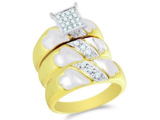 10K Two Tone Gold Diamond Trio 3 Ring His & Hers Set   Square Princess Shape Center Setting w/ Micro Pave Set Round Diamonds   (1/3 cttw, G H, SI2)   SEE "OVERVIEW" TO CHOOSE BOTH SIZES
