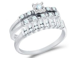 10k White Gold Diamond Trio 3 Ring His & Hers Set   Solitaire Setting w/ Pave Set Round Diamonds   (1/3 cttw, G H, SI2)   SEE "OVERVIEW" TO CHOOSE BOTH SIZES