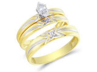 10K Yellow and White Two Tone Gold Diamond Trio 3 Ring His & Hers Set   Solitaire Setting w/ Marquise & Round Diamonds   (1/10 cttw, G H, SI2)   SEE "OVERVIEW" TO CHOOSE BOTH SIZES