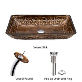 Vigo Rectangular Glass Vessel Sink in Golden Greek with Waterfall Faucet Set in Chrome VGT020CHRCT