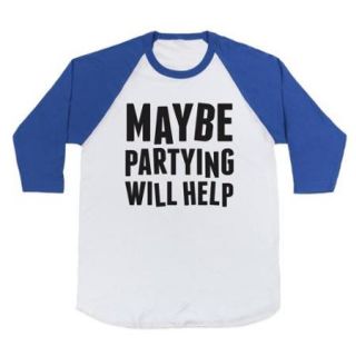 White/Royal Maybe Partying Will Help Baseball Graphic T Shirt (Size Medium) NEW