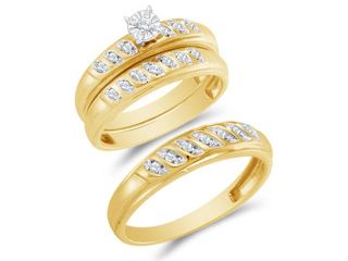 10K Yellow and White Two Tone Gold Diamond Trio 3 Ring His & Hers Set   Solitaire Setting w/ Pave Set Round Diamonds   (1/4 cttw, G H, SI2)   SEE "OVERVIEW" TO CHOOSE BOTH SIZES