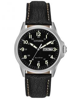 Citizen Mens Eco Drive Black Leather Strap Watch 37mm AW0040 01E