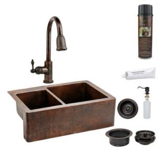 Premier Copper Products All in One Undermount Hammered Copper 33 in. 0 Hole 40/60 Double Bowl Kitchen Sink in Oil Rubbed Bronze KSP2_KA40DB33229