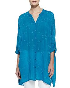 Johnny Was Collection Oversized Boyfriend Embroidered Silk Tunic