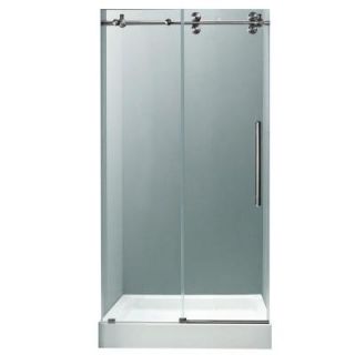 Vigo 59.75 in. x 74 in. Frameless Pivot Shower Door in Stainless Steel with Clear Glass and White Base with Center Drain VG6041STCL60WS