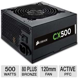 Corsair CX500 V2 CX Series CP 9020047 US 500W Power Supply   80 Plus Bronze, 120mm Fan, Active PFC, 90~264V Input, Supports Full Tower Cases, Single +12V Rail