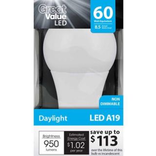 Great Value LED Light Bulb 8.5W (60W Equivalent) A19 (E26), Daylight