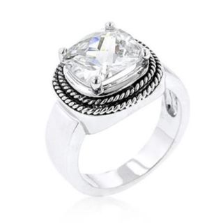 Genuine Rhodium Plated Clear Cubic Zircon Solitaire Contemporary Ring with Black Jewelers Ink Accents in Silvertone  