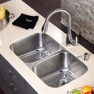 Kraus KBU22 KPF2170 SD20 32 inch Undermount Double Bowl Stainless Steel Kitchen Sink with Kitchen Faucet and Soap Dispenser