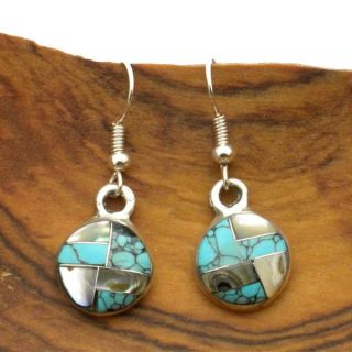 Alpaca Silver Round Turquoise and Mother of Pearl Earrings (Mexico)