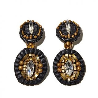 RK by Ranjana Khan Black and Clear Beaded Leather Drop Clip On Earrings   7834490