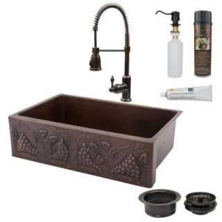Premier Copper Products All in One Undermount Copper 33 in. 0 Hole Single Basin Kitchen Sink with Vineyard Design in Oil Rubbed Bronze KSP4_KASDB33229G