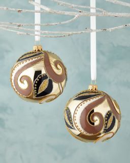 Golden Ball with Leaves Christmas Ornament, Set of 2