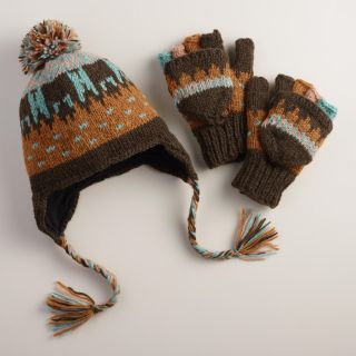 Turquoise Fair Isle Wool Glittens or Trapper Hat
