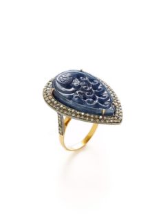 Carved Sapphire & Diamond Teardrop Ring by Amrapali